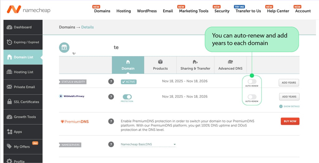 Namecheap dashboard