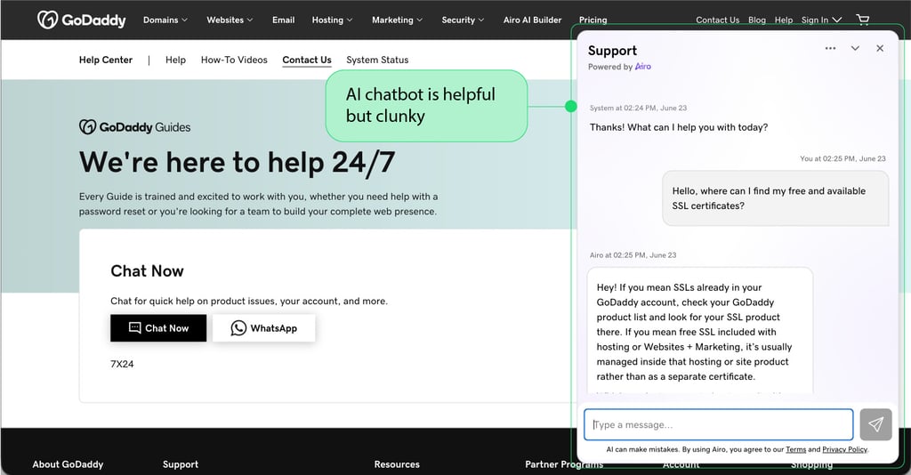 GoDaddy Airo chatbot