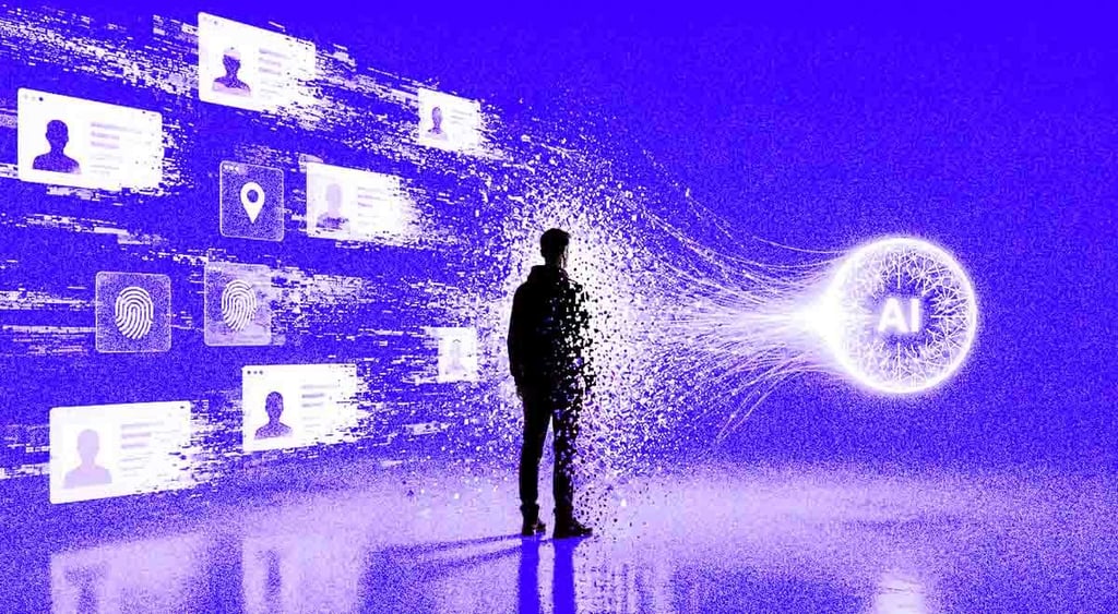 A person standing in front of a floating bubble that says AI, the concept of personal data