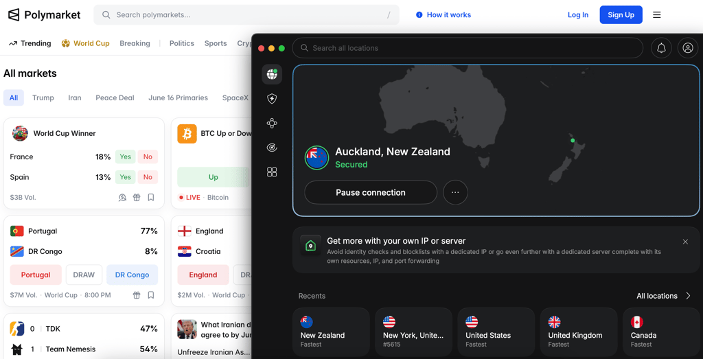 Accessing Polymarket using NordVPN