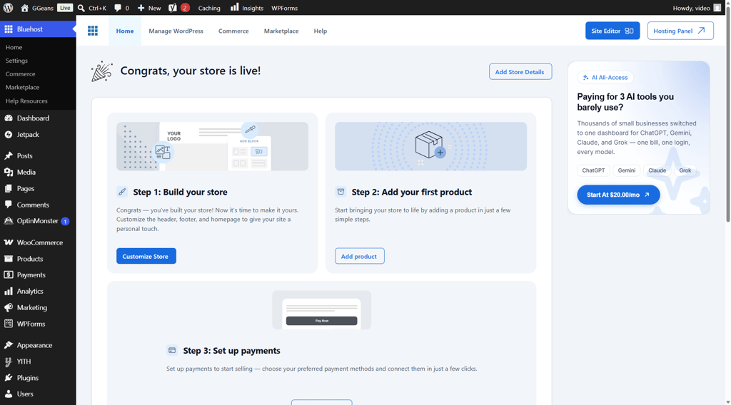 Bluehost WordPress dashboard