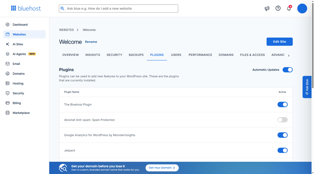 Bluehost dashboard plugin management