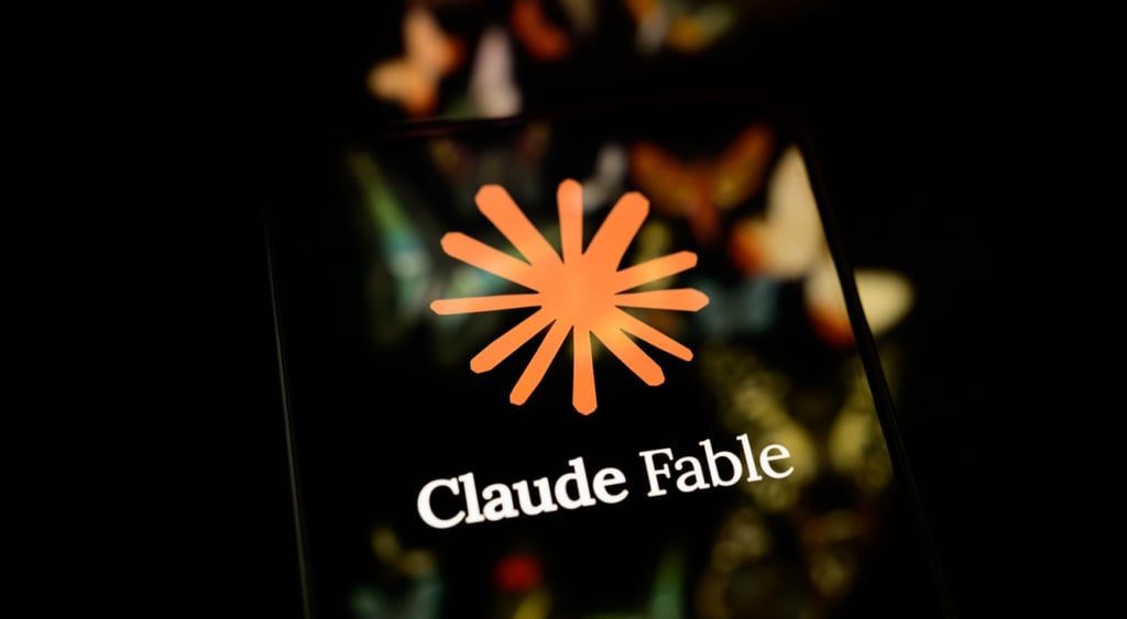 claude fable logo reflected on a black smartphone screen, orange