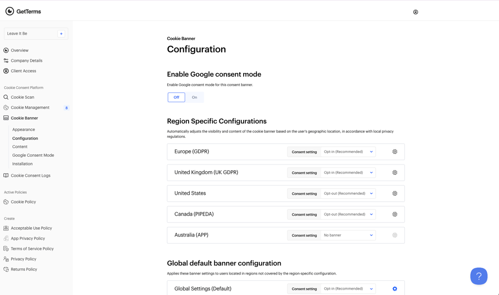 Cookie banner configuration