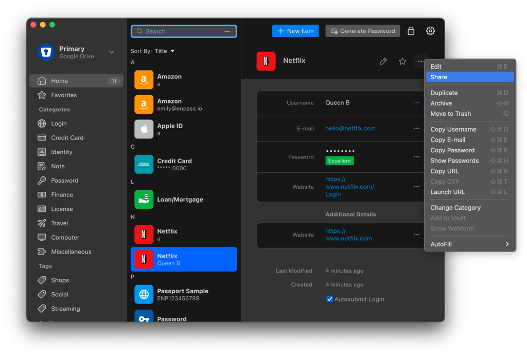 Enpass password sharing function