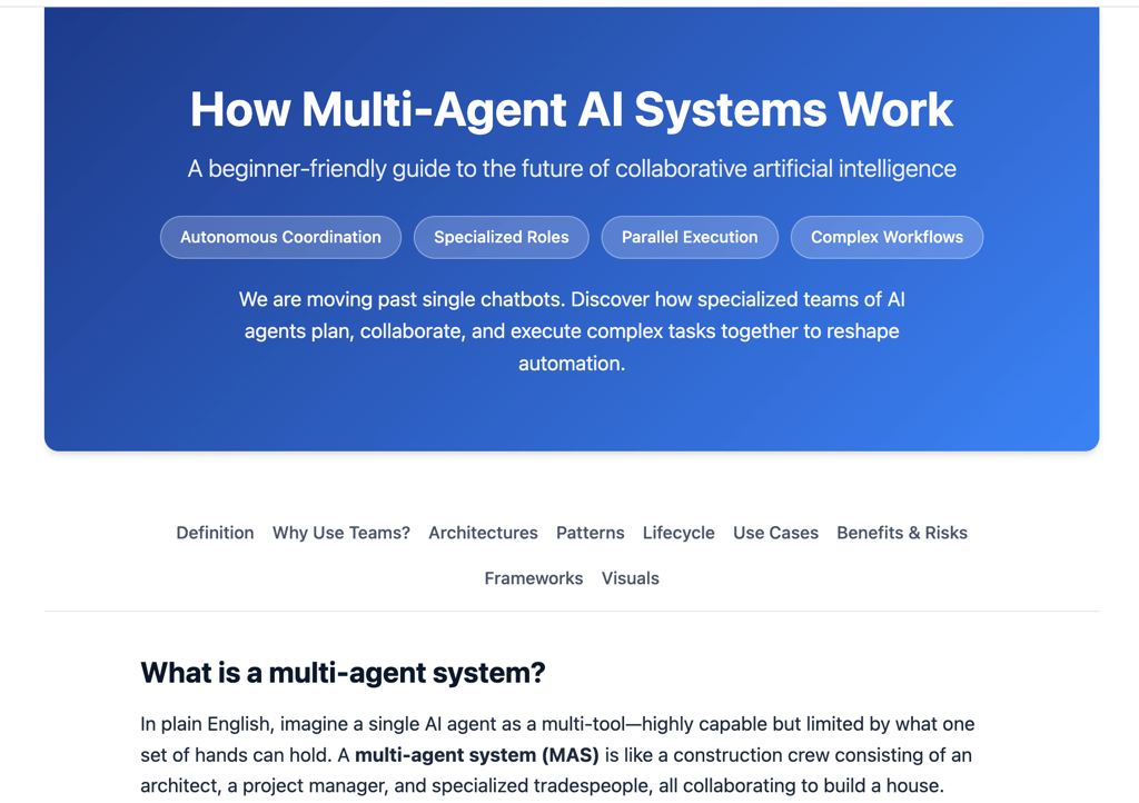 Genspark AI created a Sparkpage describing how multi agent AI systems work by my request