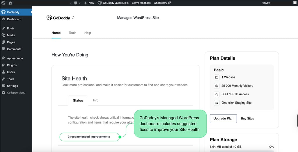GoDaddy WordPress features with caption