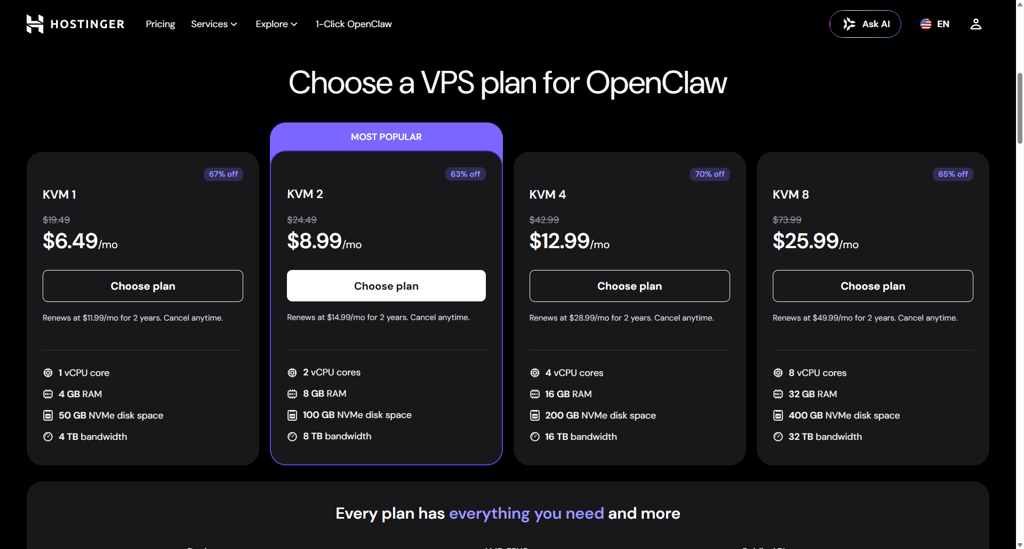 Hostinger OpenClaw hosting plans