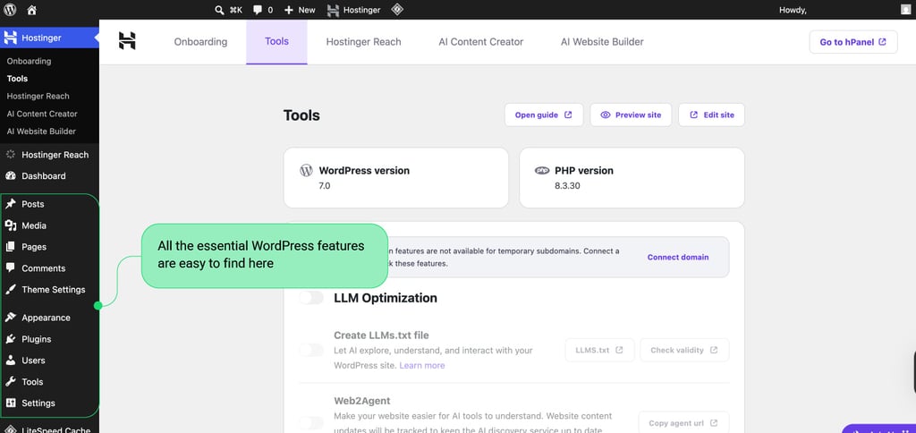 Hostinger WordPress features with caption