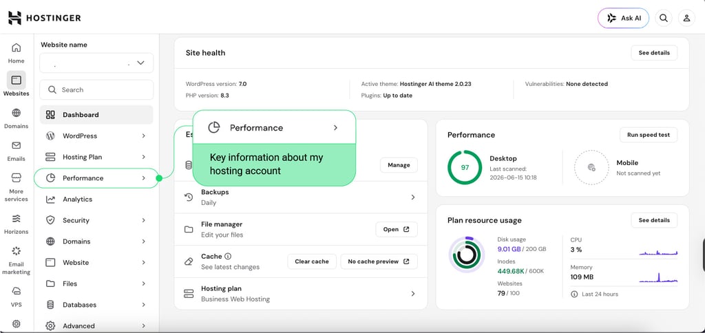 Hostinger dashboard with caption