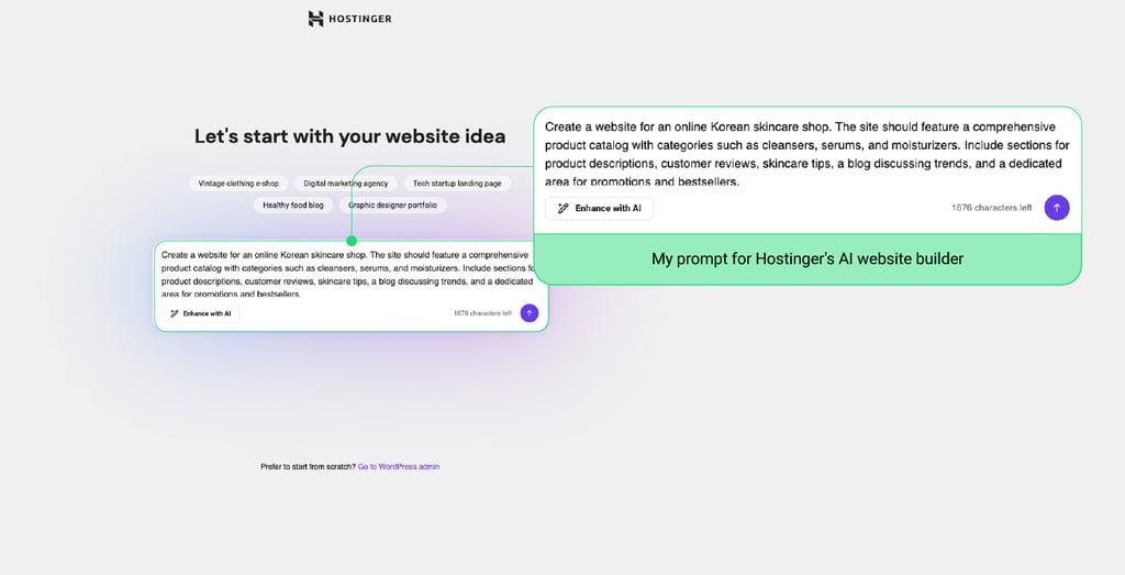 Hostinger website builder prompt with caption
