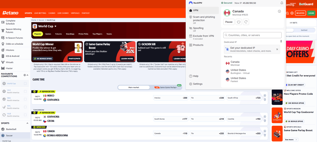 NordVPN unblocked Betano with servers in Canada