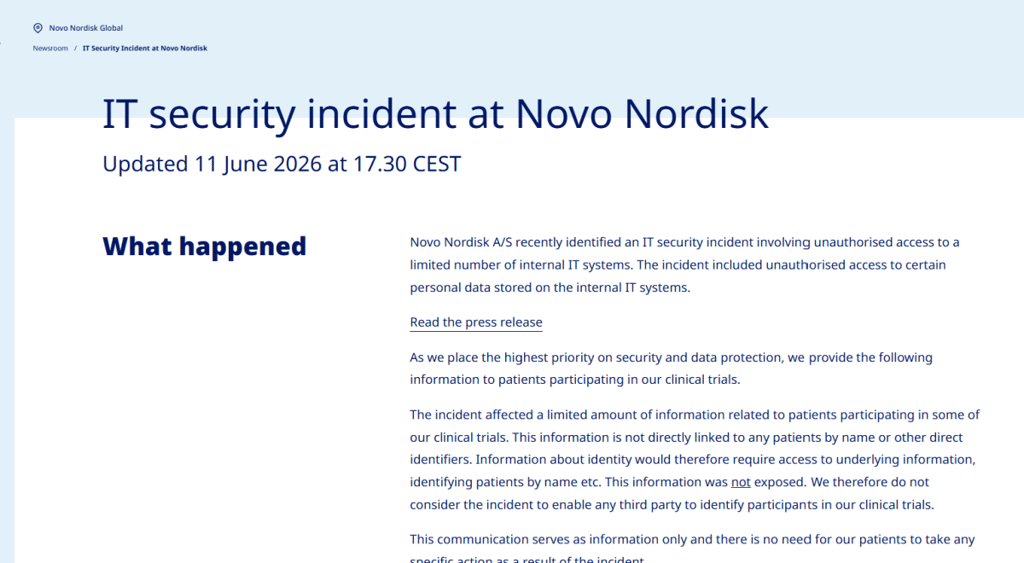 Novo Nordisk breach statement