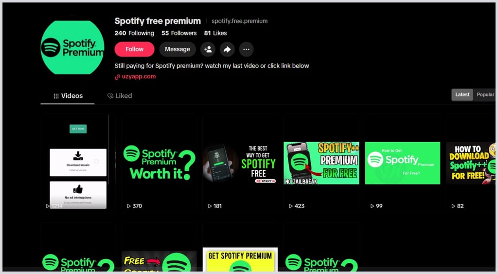Spotify free TikTok phishing videos