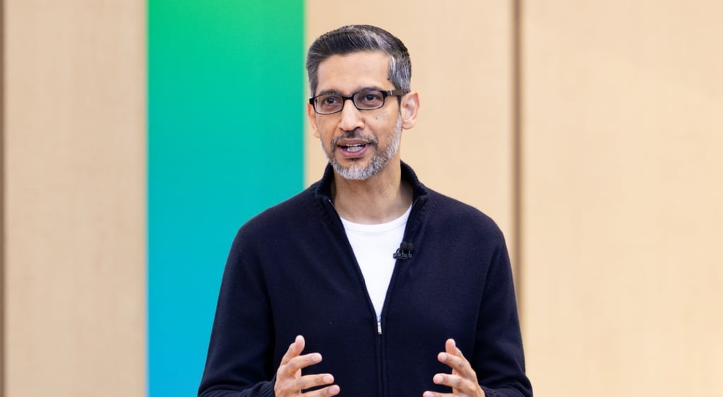 Sundar Pichai, tall indian man, black jacket, white t0shirt, black ad grey hair, grey beard,