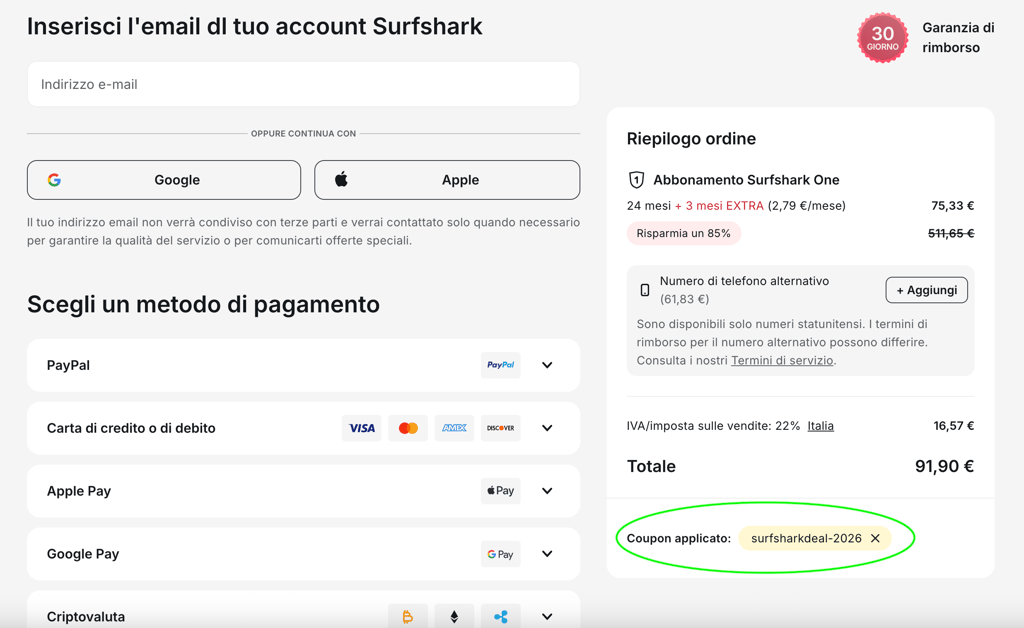 Pagina di checkout Surfshark con sconto