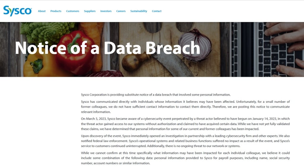 Sysco breach notice 2023