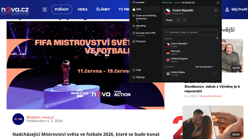 TV Nova odblokovaná v zahraničí pomocí VPN