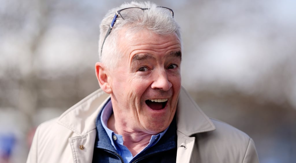 Michael OLeary, wide smile, grey hair, glasses on forehead, black eyebrows, sand color coat, blue