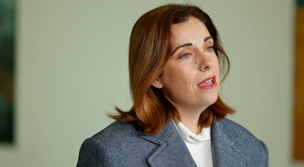 Minister Anika Wells, grey blazer, white shirt, dark ginger middle length hair, pink lips, white female