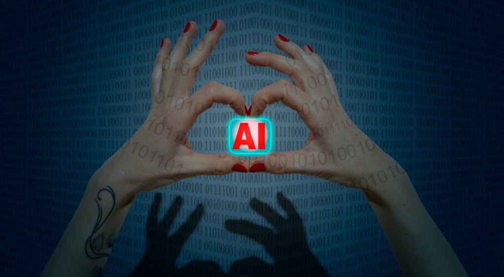 white female hands hold fingers in heart shape, AI in centre, red letters, red nails, binar code 