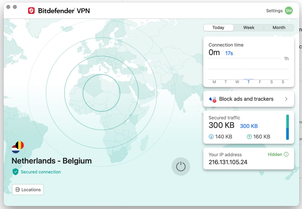 Bitdefender VPN's dashboard shows your active connection, secured traffic, and masked IP at a glance