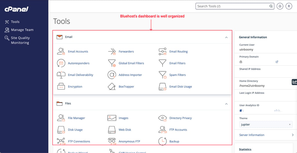 Bluehost dashboard