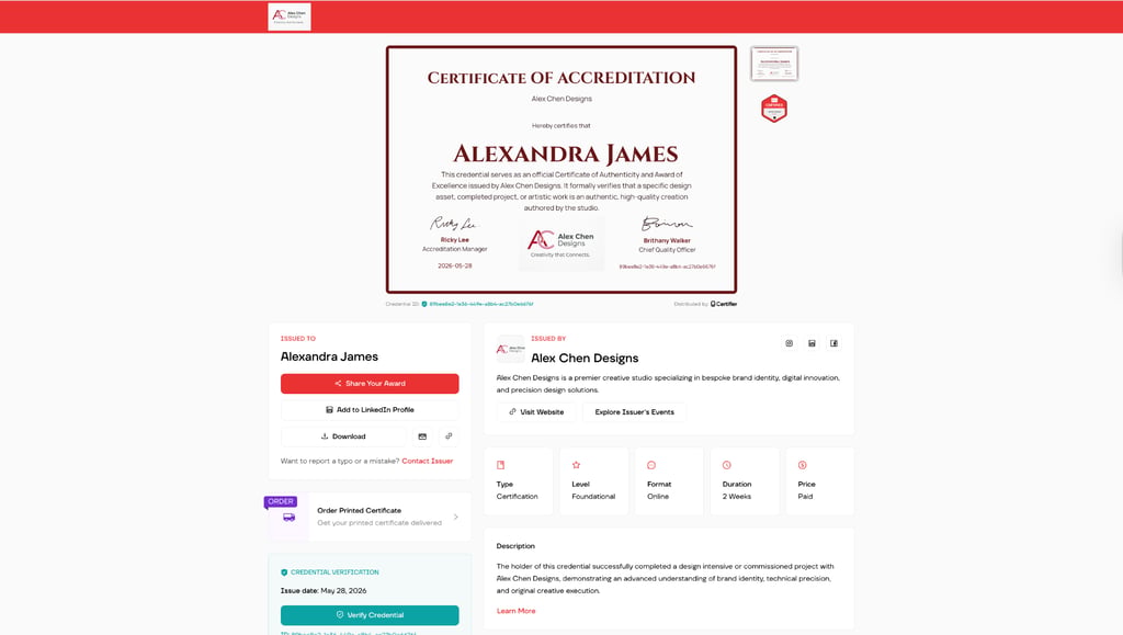 The recipient portal shows credential details, verification status, and sharing options