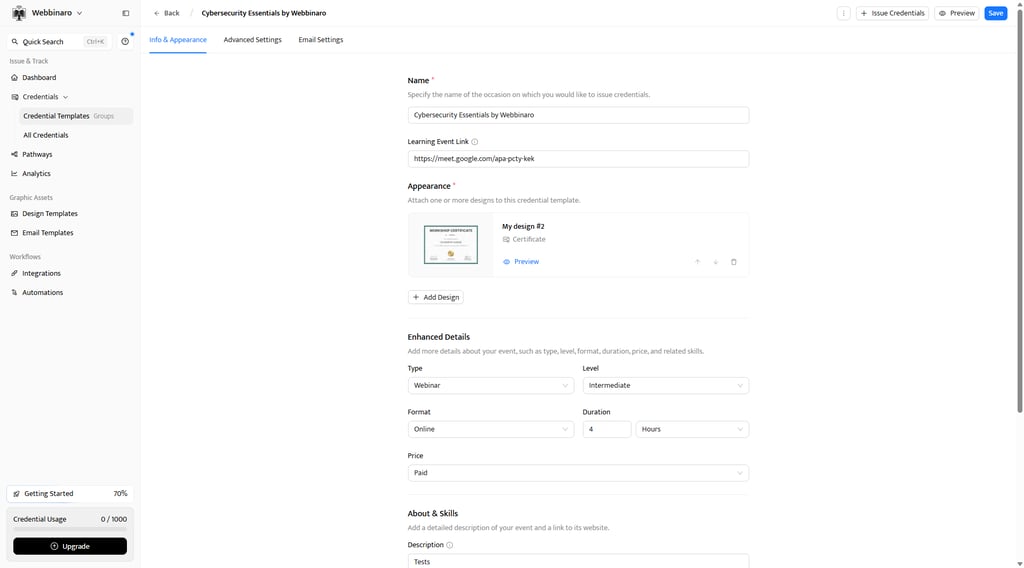 Certifier credential templates bundle credential settings, design, and earning criteria in one place