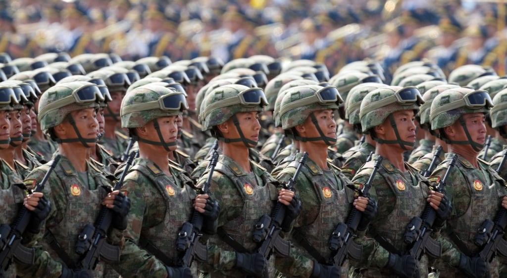 white asian men, china military uniform, military parade, big guns in hands, dark brown helmets