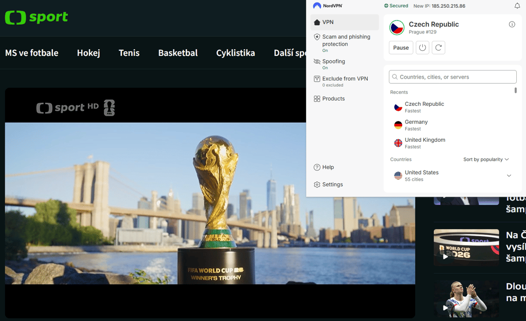 ČT Sport odblokovaný v zahraničí pomocí VPN