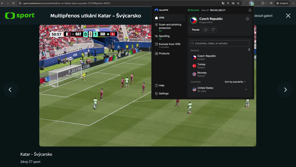 ČT Sport odemkni odkudkoli s VPN