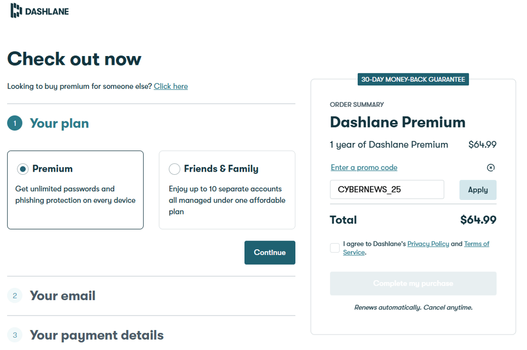 Dashlane checkout summary