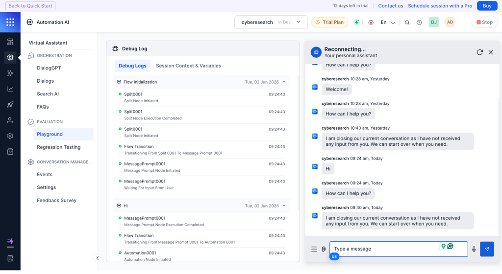 Testing chatbot playground with an interactive interface and debug logs in Kore.ai