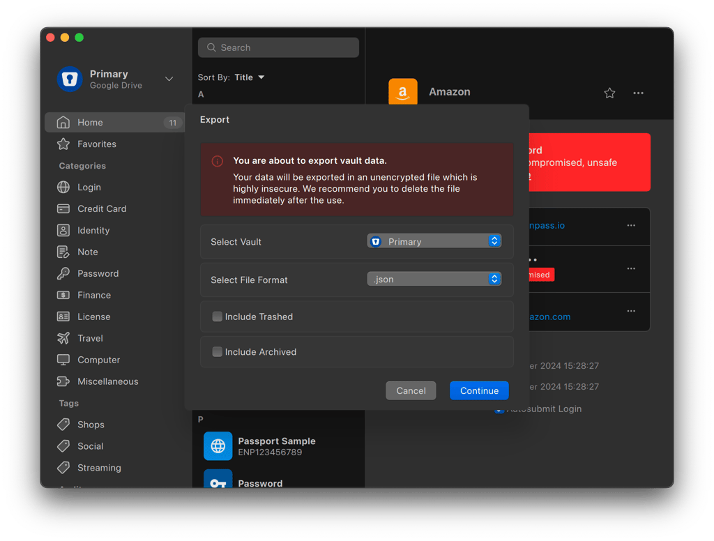 Enpass data exporting functionality