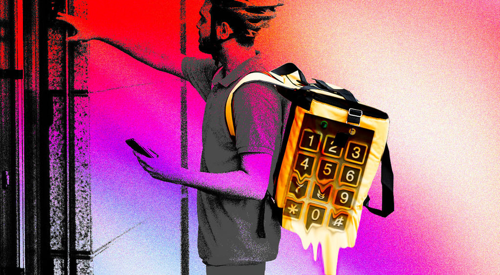 Delivery man with a backpack delivers package