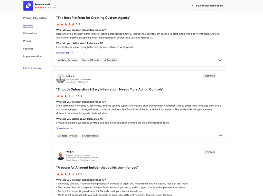 Relevance AI reviews on G2