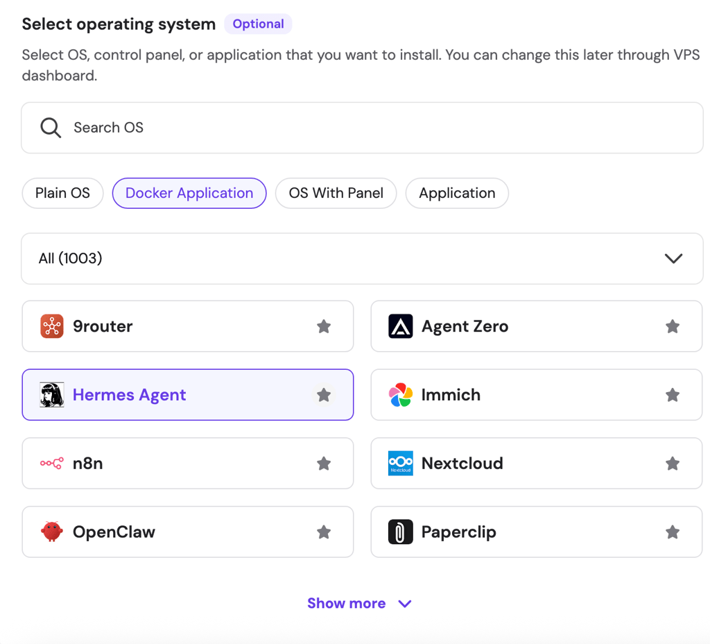 Hermes Agent pre-selected on Hostinger VPS