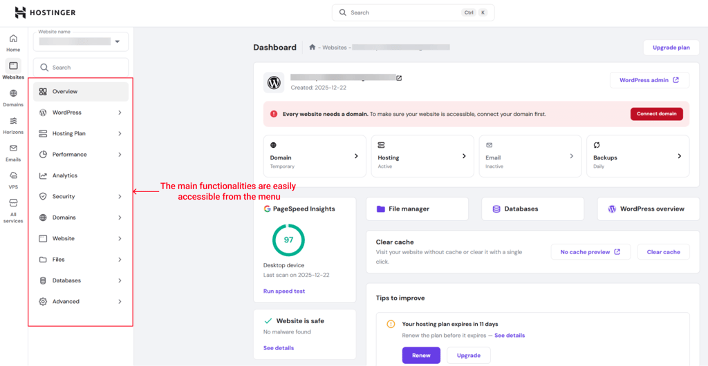 Hostinger's dashboard is easy to navigate