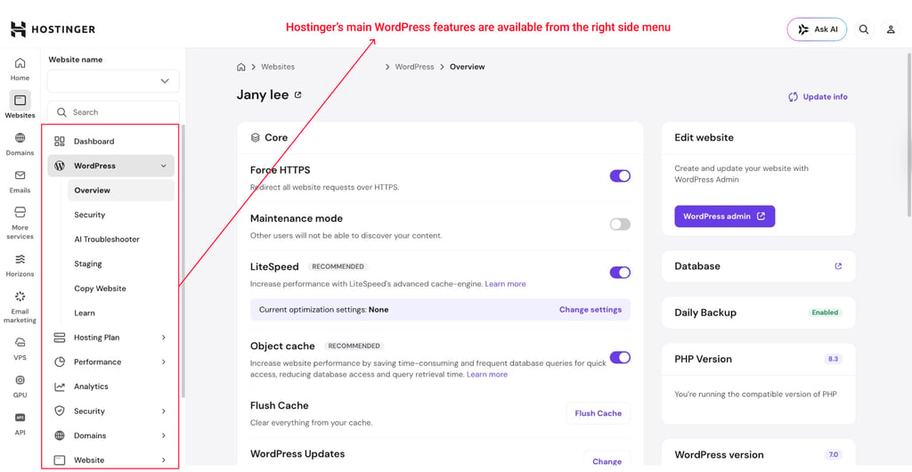 Hostinger WordPress features