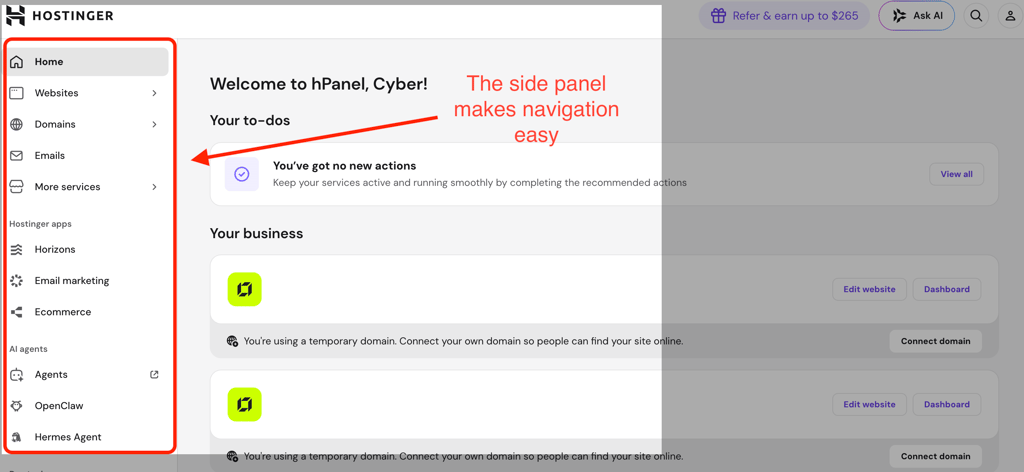 hostinger hpanel sidepanel