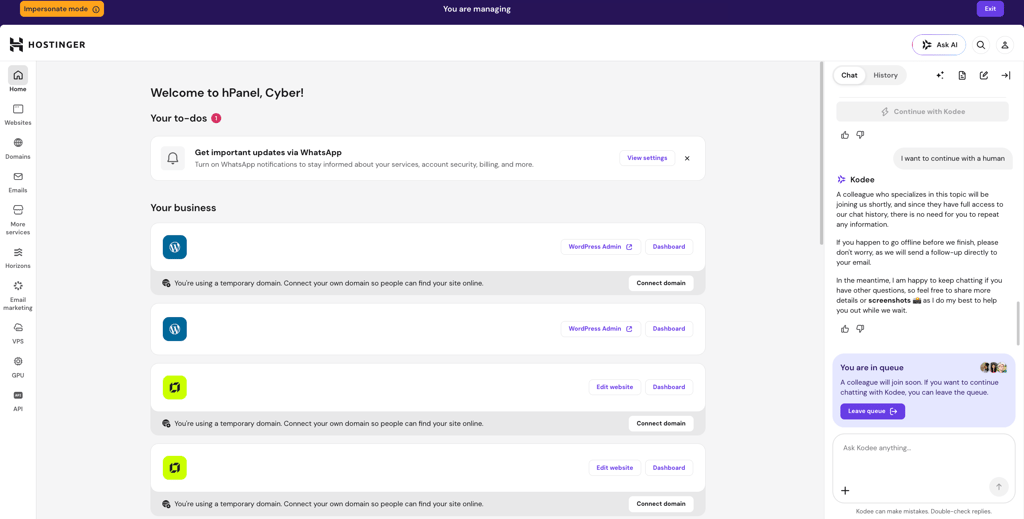 Hostinger support chat