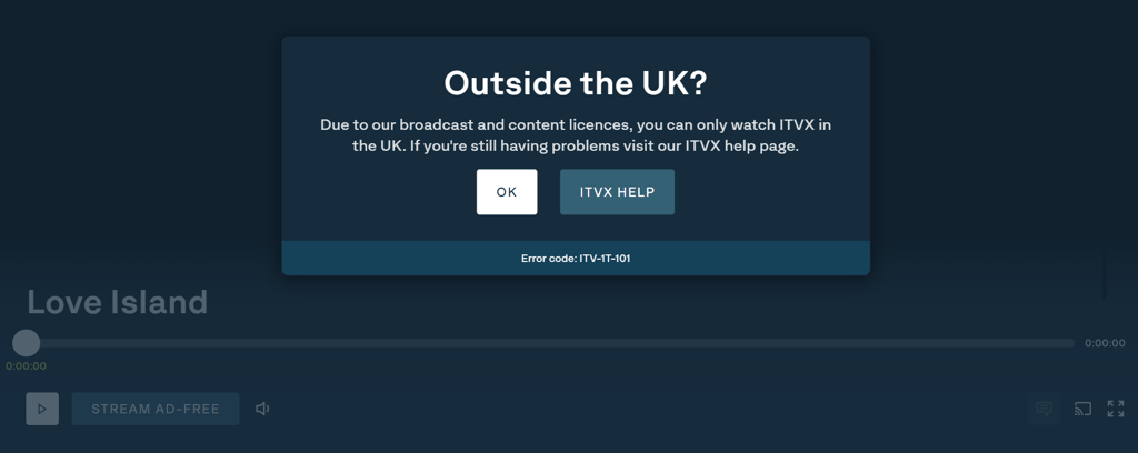 ITVX outside UK error message