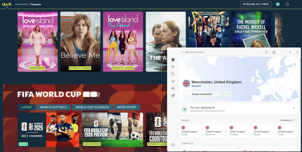ITVX unblocked with NordVPN UK server