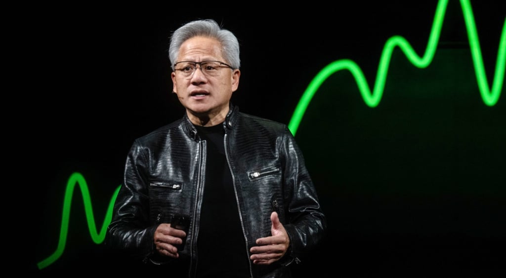jensen huang, black leather jacket, grey hair, green curvy line, middle aged dark asian man