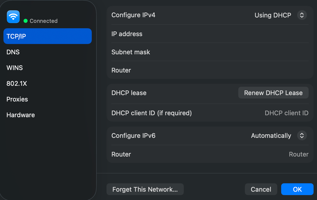 macOS TCP/IP menu