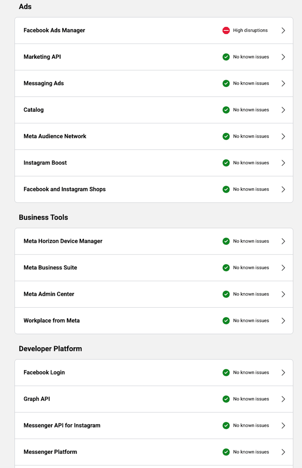 meta status page mostly ok
