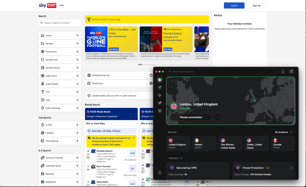 Unblocking Sky Bet with NordVPN in London