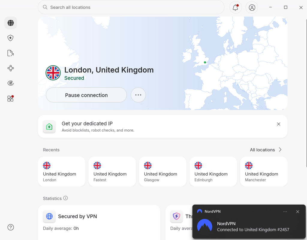 NordVPN connected UK servers
