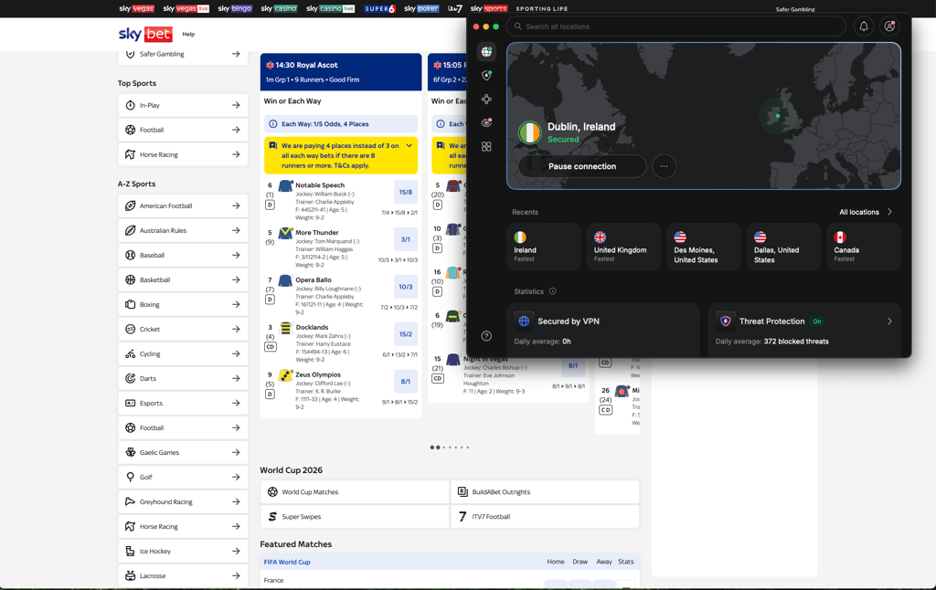 Using an Ireland server to unblock Sky Bet with NordVPN